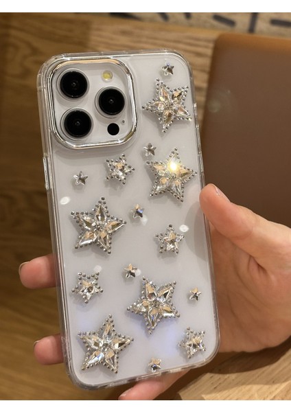 iPhone 15 Pro Uyumlu Gümüş Kristal Taşlı Yıldızlı Şeffaf Kılıf