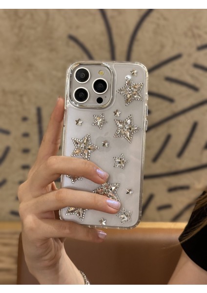 iPhone 15 Pro Uyumlu Gümüş Kristal Taşlı Yıldızlı Şeffaf Kılıf