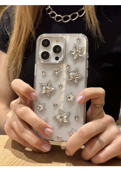 iPhone 15 Pro Uyumlu Gümüş Kristal Taşlı Yıldızlı Şeffaf Kılıf