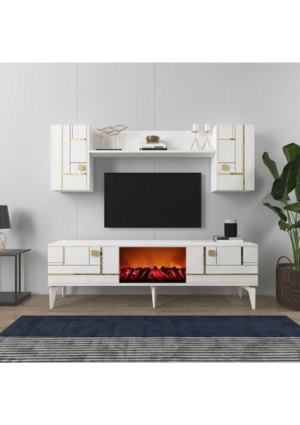 Maderadh Şömineli Tv Ünitesi Takımı Beyaz Altın