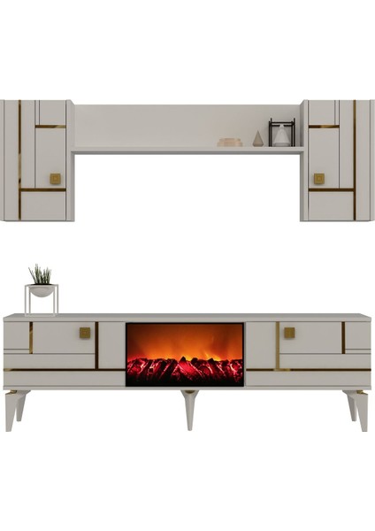 Maderadh Şömineli Tv Ünitesi Takımı Beyaz Altın modelleri