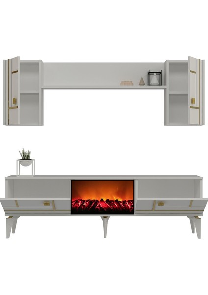 Maderadh Şömineli Tv Ünitesi Takımı Beyaz Altın fırsatları