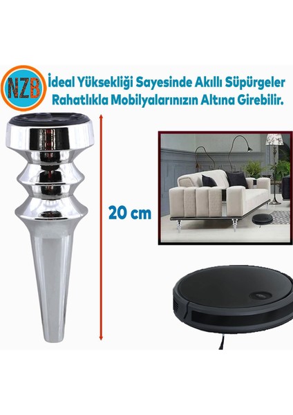 (4 Adet) Mobilya Yükseltme Kanepe Koltuk Tv Ünitesi Baza Ayağı Zigon Orta Sehpası Gümüş Ayak 20 cm Krom fırsatları