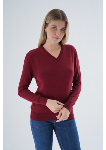 Kadın Bordo %100 Organik Pamuk V Yaka Triko Kazak Bluz TRIST-6102