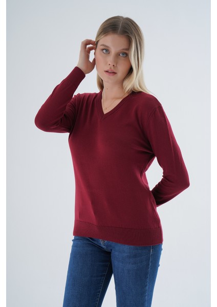 Kadın Bordo %100 Organik Pamuk V Yaka Triko Kazak Bluz TRIST-6102 fiyatları