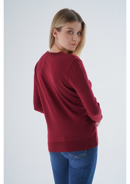 Kadın Bordo %100 Organik Pamuk V Yaka Triko Kazak Bluz TRIST-6102 modelleri