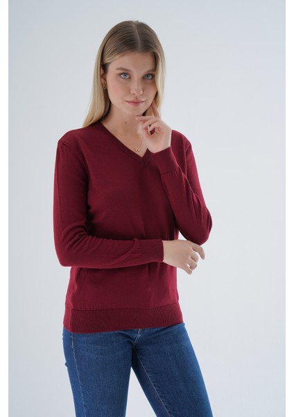 Kadın Bordo %100 Organik Pamuk V Yaka Triko Kazak Bluz TRIST-6102 indirimleri