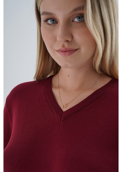 Kadın Bordo %100 Organik Pamuk V Yaka Triko Kazak Bluz TRIST-6102