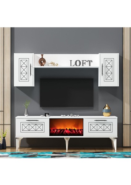 Shumendh Şömineli Tv Ünitesi Beyaz Gümüş