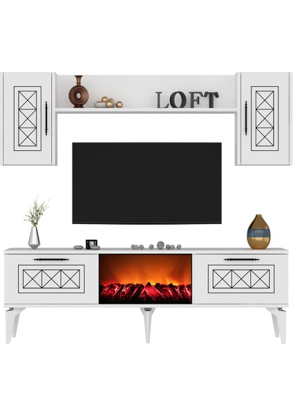 Shumendh Şömineli Tv Ünitesi Beyaz Gümüş fiyatları