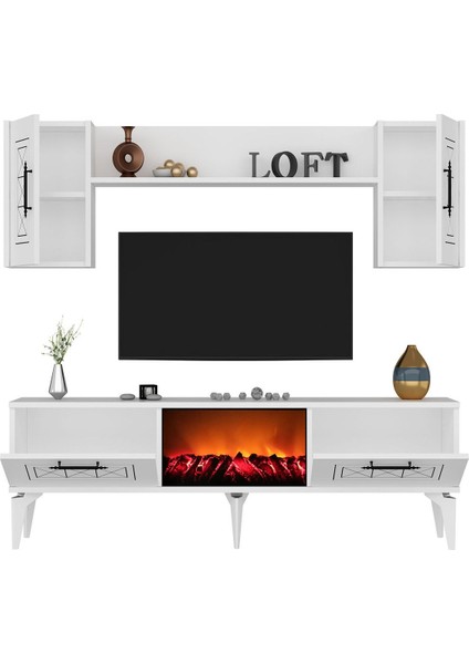 Shumendh Şömineli Tv Ünitesi Beyaz Gümüş modelleri