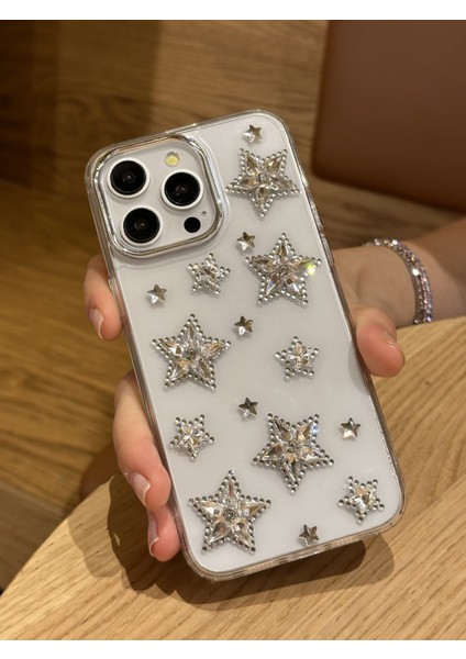 iPhone 15 Pro Max Uyumlu Gümüş Kristal Taşlı Yıldızlı Şeffaf Kılıf fırsatları