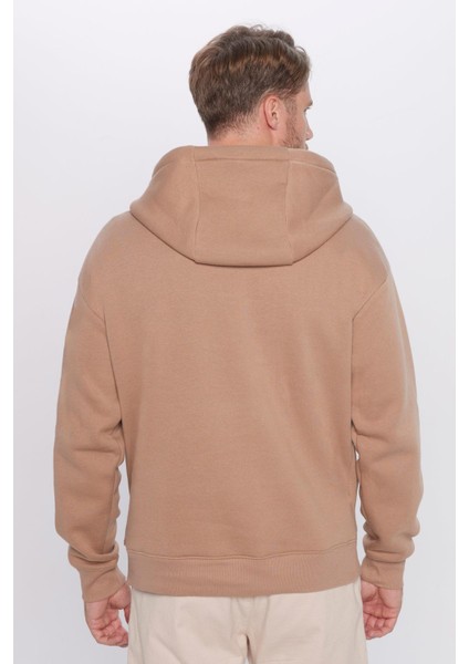 Oversize Geniş Kesim Pamuklu Yumuşak Dokulu Içi Polarlı Basic Vizon Renk Kapüşonlu Sweatshirt