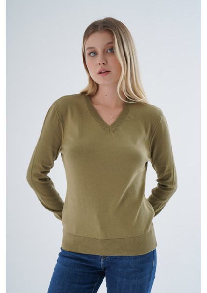 Kadın Olive %100 Organik Pamuk V Yaka Triko Kazak Bluz TRIST-6102