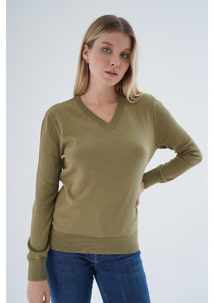 Kadın Olive %100 Organik Pamuk V Yaka Triko Kazak Bluz TRIST-6102