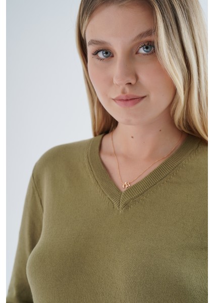 Kadın Olive %100 Organik Pamuk V Yaka Triko Kazak Bluz TRIST-6102