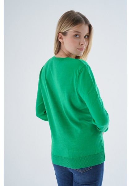 Kadın Yeşil %100 Organik Pamuk V Yaka Triko Kazak Bluz TRIST-6102 fırsatları