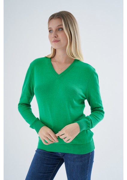 Kadın Yeşil %100 Organik Pamuk V Yaka Triko Kazak Bluz TRIST-6102 indirimleri