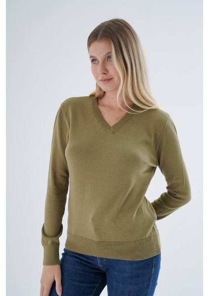 Kadın Olive %100 Organik Pamuk V Yaka Triko Kazak Bluz TRIST-6102 modelleri