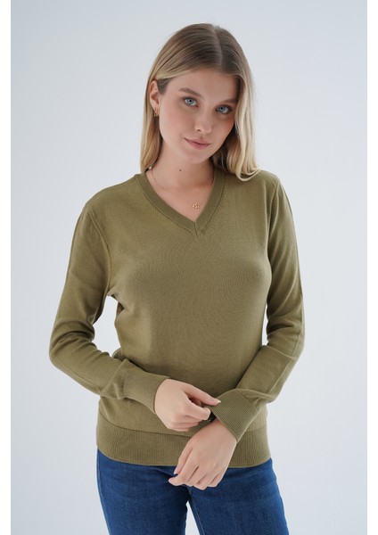 Kadın Olive %100 Organik Pamuk V Yaka Triko Kazak Bluz TRIST-6102 indirimleri