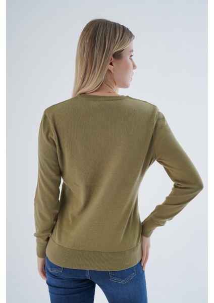 Kadın Olive %100 Organik Pamuk V Yaka Triko Kazak Bluz TRIST-6102