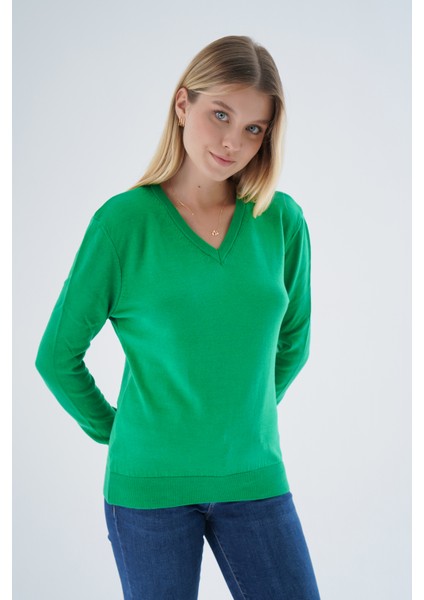 Kadın Yeşil %100 Organik Pamuk V Yaka Triko Kazak Bluz TRIST-6102