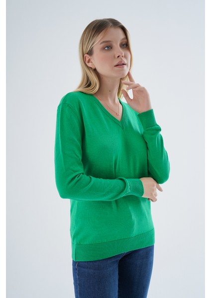 Kadın Yeşil %100 Organik Pamuk V Yaka Triko Kazak Bluz TRIST-6102 fiyatları