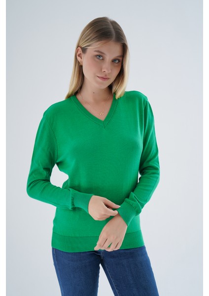 Kadın Yeşil %100 Organik Pamuk V Yaka Triko Kazak Bluz TRIST-6102 modelleri
