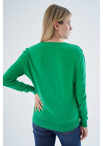 Kadın Yeşil %100 Organik Pamuk V Yaka Triko Kazak Bluz TRIST-6102