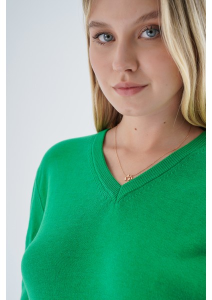 Kadın Yeşil %100 Organik Pamuk V Yaka Triko Kazak Bluz TRIST-6102