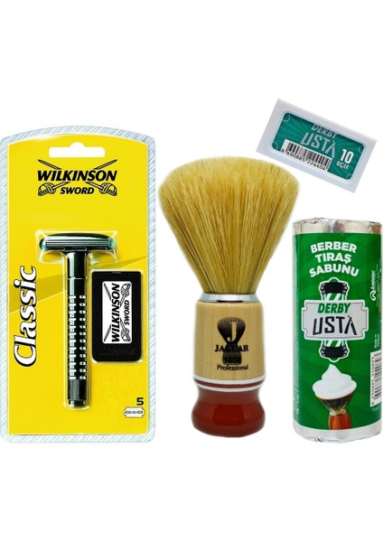 Classic Tıraş Makinesi, Jaguar Tıraş Fırçası 1056, Derby Tıraş Sabunu, Tıraş Bıçağı Set