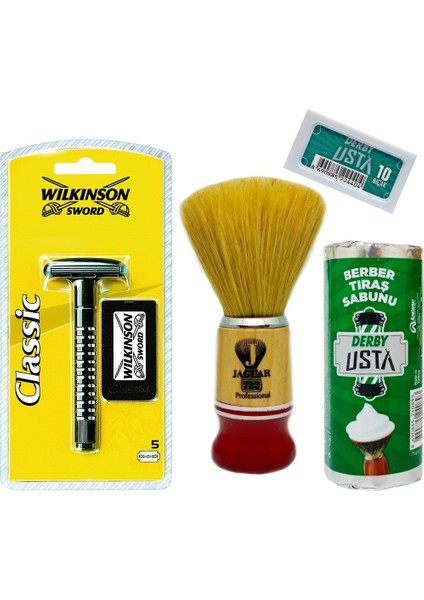 Classic Tıraş Makinesi, Jaguar Tıraş Fırçası 783, Derby Tıraş Sabunu, Tıraş Bıçağı Set