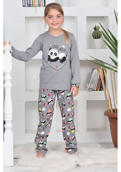 Panda Kalpli Kız Çocuk Pijama takımı - Gri