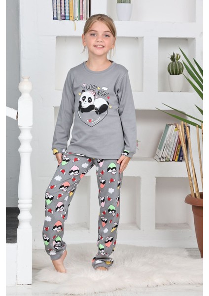 Panda Kalpli Kız Çocuk Pijama takımı - Gri