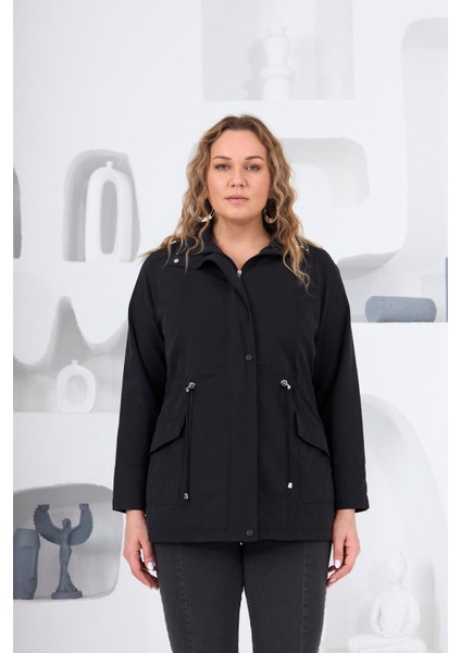 Büyük Beden Astarlı Trençkot Siyah