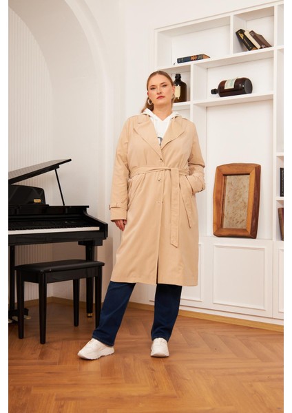 Büyük Beden Astarlı Uzun Trençkot Vizon