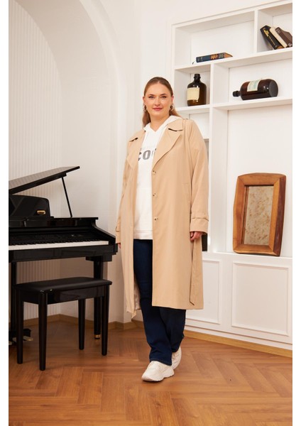 Büyük Beden Astarlı Uzun Trençkot Vizon fiyatları