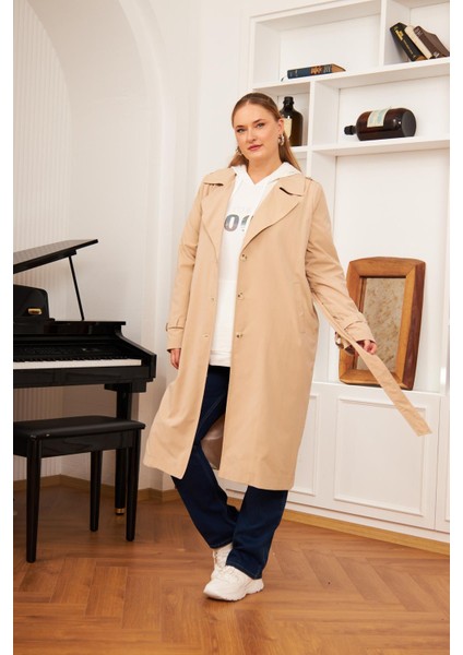 Büyük Beden Astarlı Uzun Trençkot Vizon modelleri