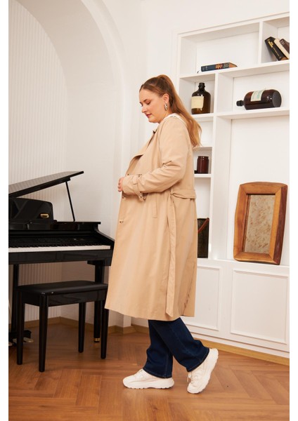 Büyük Beden Astarlı Uzun Trençkot Vizon indirimleri