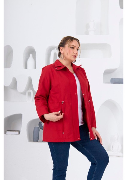 Büyük Beden Astarlı Trençkot Kırmızı indirimleri