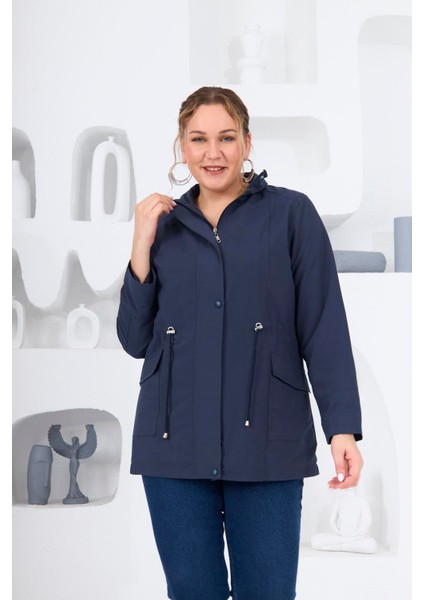 Büyük Beden Astarlı Trençkot Lacivert