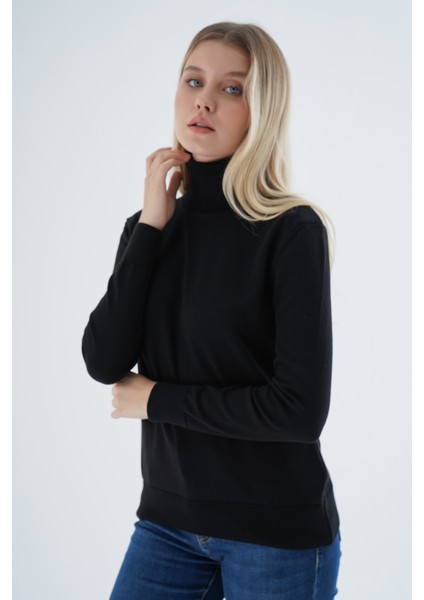 Kadın Siyah %100 Organik Pamuk Balıkçı Yaka Triko Kazak TRIST-6103