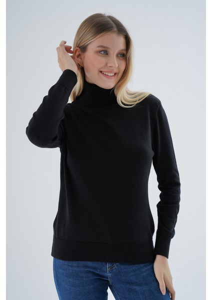 Kadın Siyah %100 Organik Pamuk Balıkçı Yaka Triko Kazak TRIST-6103