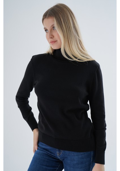 Kadın Siyah %100 Organik Pamuk Balıkçı Yaka Triko Kazak TRIST-6103