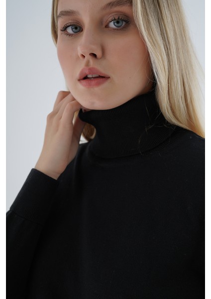 Kadın Siyah %100 Organik Pamuk Balıkçı Yaka Triko Kazak TRIST-6103