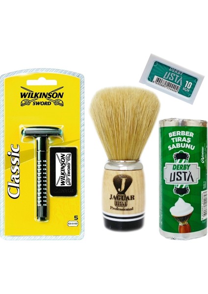 Classic Tıraş Makinesi - Jaguar Tıraş Fırçası 117-11 - Derby Tıraş Sabunu - Tıraş Bıçağı Set