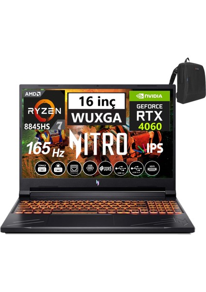 Nitro V16 ANV16-41 Amd R7 8845HS Aı 32GB Ddr5 1tb SSD 8GB/RTX4060 Freedos 16" 165Hz Wxuga IPS Taşınabilir Bilgisayar WNHQRUEY00306+WEBLEGELSINÇANTA