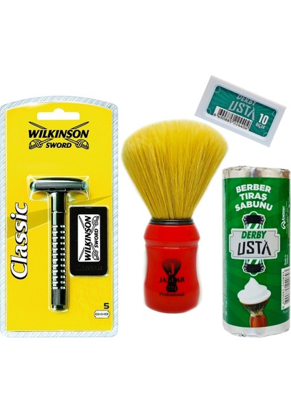 Classic Tıraş Makinesi, Jaguar Tıraş Fırçası 771-K, Derby Tıraş Sabunu, Tıraş Bıçağı Set