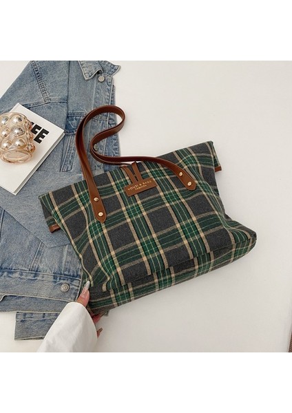 Omuz Çantası Çapraz Çanta Taşınabilir Yüksek Kaliteli Kumaş Modaya Uygun Stil Ekose Deseni , Yeşil (Yurt Dışından)