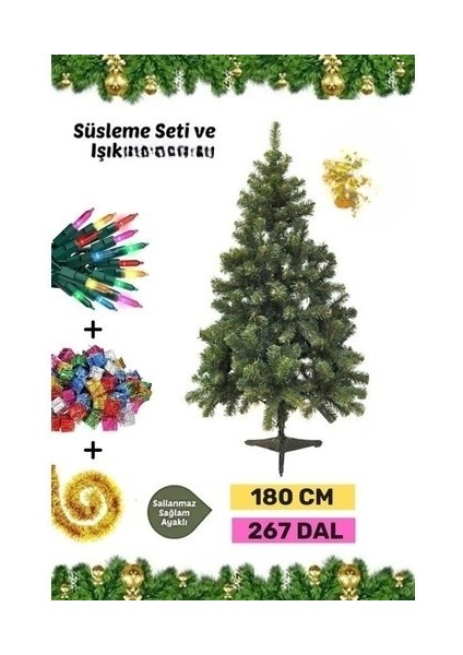 Premium Kutu Süsleme Seti Yılbaşı Çam Ağacı Renkli Işığı Yeni Yıl Süsleri Noel Paketi 180 cm 267 Dal